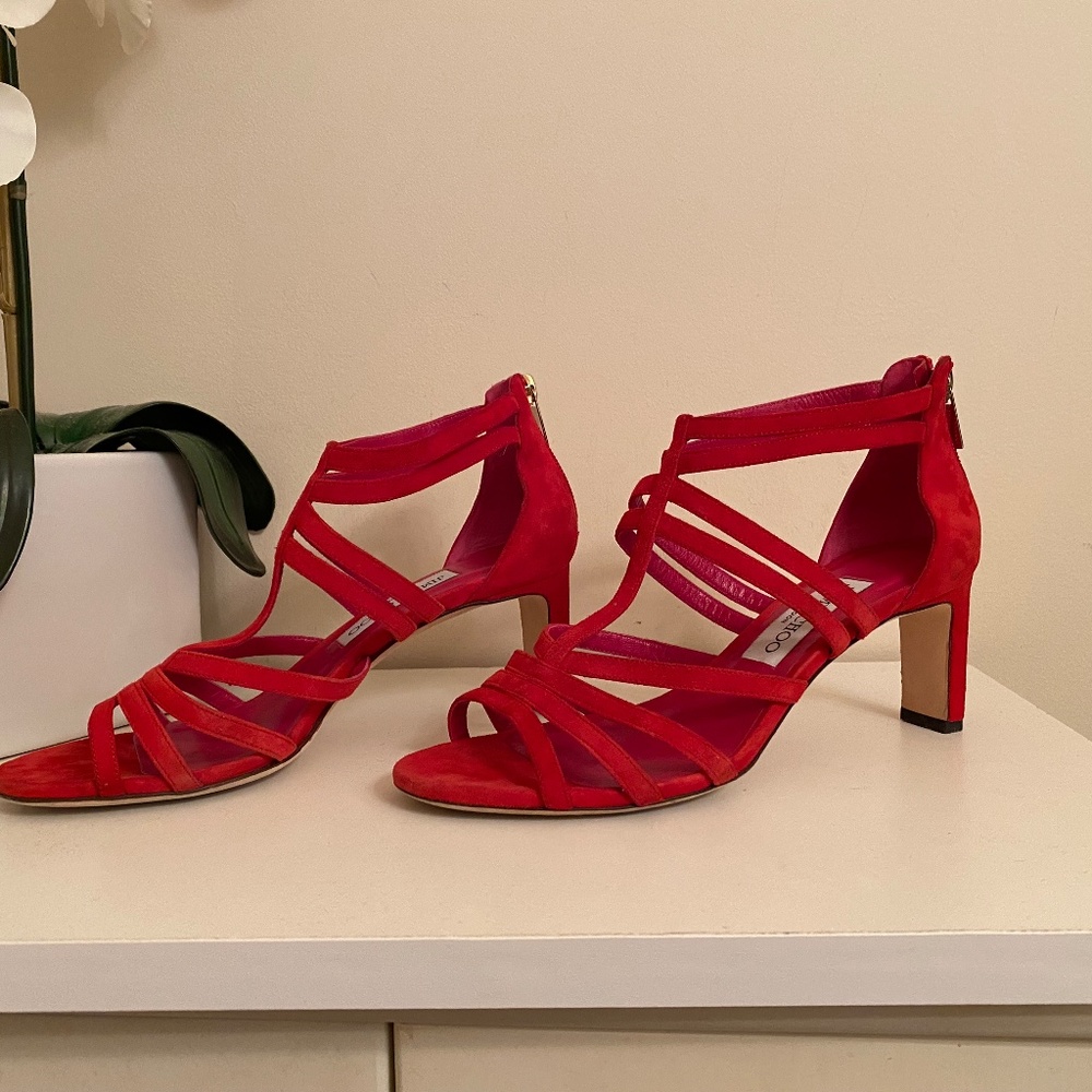 EUC JIMMY CHOO Red Suede Sandals IT 38 Fits like US 7 - Picture 3 of 11